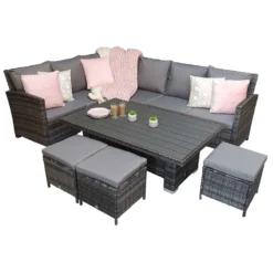 Charlotte Grey Rattan Corner Sofa Dining Set With Polywood Lift Table