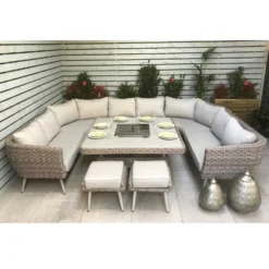 Danielle Grey Rattan U-Shaped Corner Sofa Set With Firepit Table