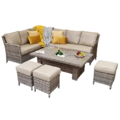 Edwina Natural And Grey Rattan Corner Sofa Dining Set With Lift Table