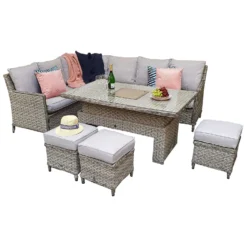 Edwina Special Grey Rattan Corner Sofa Dining Set With Lift Table
