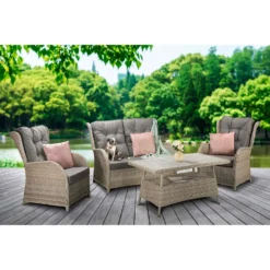 Meghan Cream Grey Rattan 4 Seater Sofa Set With Supper Table