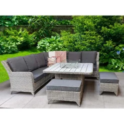 Meghan Cream Grey Rattan Corner Sofa Dining Set With Firepit Table