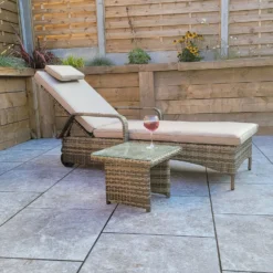 Savannah Natural Brown Rattan Single Sunlounger With Drinks Table