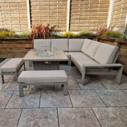 Venus Light Grey L Shape Corner Sofa With 2 Benches & Fire Pit Table