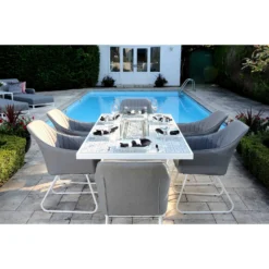 White Patterned Top Rectangular Outdoor Dining Table With Firepit